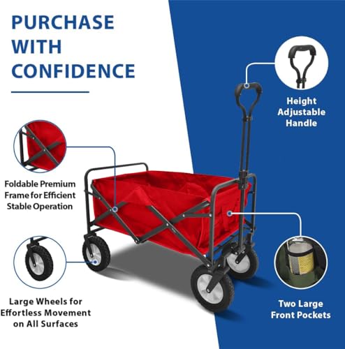 Lifetime Home Collapsible Foldable Heavy Duty Utility Wagon Cart with Larger Capacity - Perfect for Shopping, Sports Events, Grocery, Moving, Camping, Laundry, Beach - Red