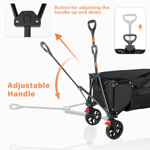 Collapsible Folding Wagon Cart, Heavy Duty Grocery Cart with Wheels and Side Pocket, Garden Utility Cart Wheelbarrows for Beach Camping Shopping,220lbs Weight Capacity