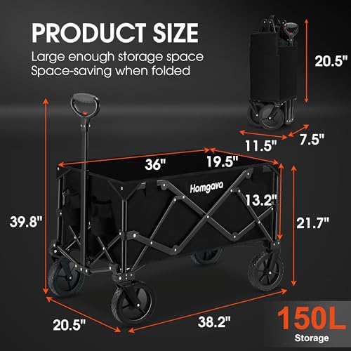 Homgava Collapsible Folding Wagon Cart,Heavy Duty Garden Cart with All Terrain Wheels,Portable Large Capacity Utility Wagon Cart for Camping Fishing Sports Shopping, Black