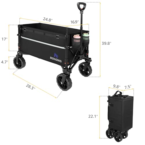 ROSONG Collapsible Wagon Cart with Wheels Foldable - Folding Utility Heavy Duty Wagons Carts for Grocery Beach Sports Garden Shopping Camping Wheelbarrows