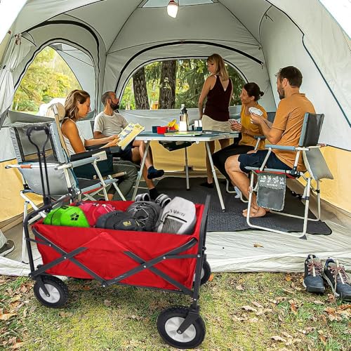 Lifetime Home Collapsible Foldable Heavy Duty Utility Wagon Cart with Larger Capacity - Perfect for Shopping, Sports Events, Grocery, Moving, Camping, Laundry, Beach - Red