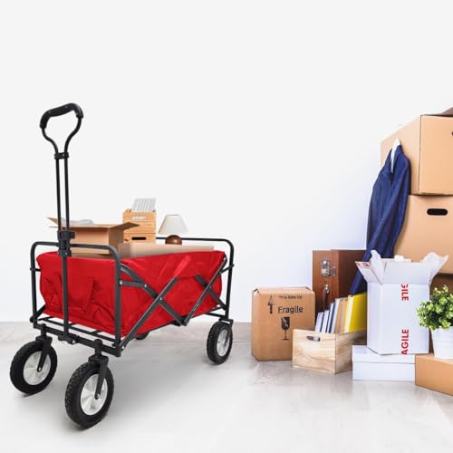 Lifetime Home Collapsible Foldable Heavy Duty Utility Wagon Cart with Larger Capacity - Perfect for Shopping, Sports Events, Grocery, Moving, Camping, Laundry, Beach - Red