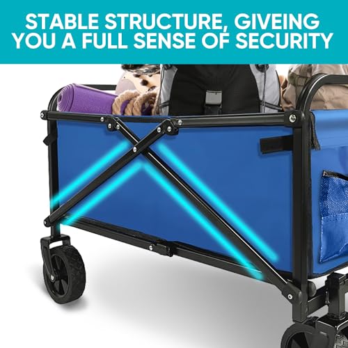 SAILARY Collapsible Foldable Wagon, Beach Cart Large Capacity, Heavy Duty Folding Wagon Portable, for Outdoor Sports, Shopping, Camping, Blue