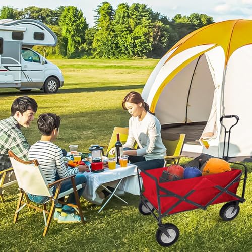 Lifetime Home Collapsible Foldable Heavy Duty Utility Wagon Cart with Larger Capacity - Perfect for Shopping, Sports Events, Grocery, Moving, Camping, Laundry, Beach - Red