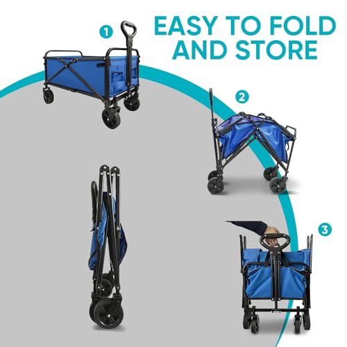 SAILARY Collapsible Foldable Wagon, Beach Cart Large Capacity, Heavy Duty Folding Wagon Portable, for Outdoor Sports, Shopping, Camping, Blue