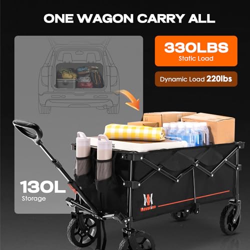 Navatiee Collapsible Folding Wagon, Wagon Cart Heavy Duty Foldable with Two Drink Holders, Utility Grocery Wagon for Camping Shopping Sports, S2, Black