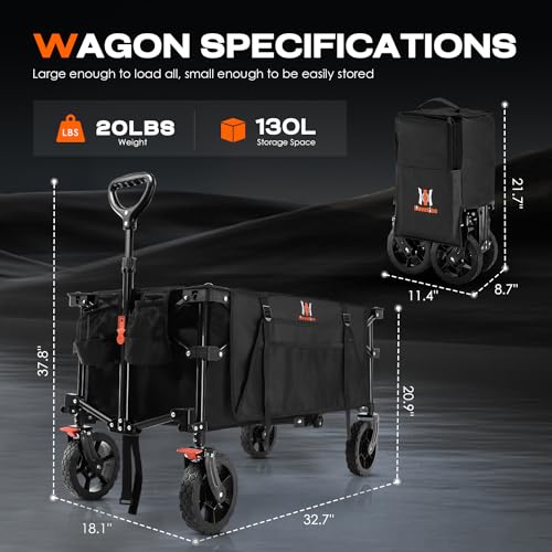 Navatiee Collapsible Folding Wagon, Heavy Duty Utility Beach Wagon Cart with Side Pocket and Brakes, Large Capacity Foldable Grocery Wagon for Garden Sports Outdoor Use, S1
