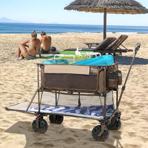 TIMBER RIDGE 400L Large Capacity Folding Double Decker Wagon, 54" Extra Long Extender Wagon Cart, 450lbs Heavy Duty Collapsible Wagon, All-Terrain Big Wheels for Camping, Sports, Shopping, Brown