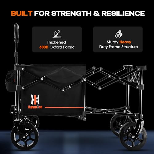 Navatiee Collapsible Folding Wagon, Wagon Cart Heavy Duty Foldable with Two Drink Holders, Utility Grocery Wagon for Camping Shopping Sports, S2, Black