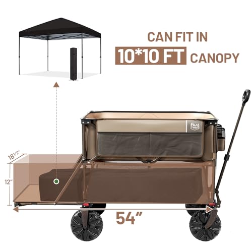 TIMBER RIDGE 400L Large Capacity Folding Double Decker Wagon, 54" Extra Long Extender Wagon Cart, 450lbs Heavy Duty Collapsible Wagon, All-Terrain Big Wheels for Camping, Sports, Shopping, Brown
