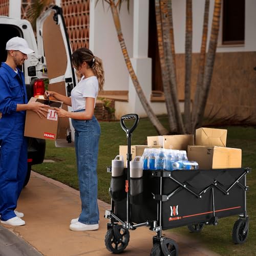 Navatiee Collapsible Folding Wagon, Wagon Cart Heavy Duty Foldable with Two Drink Holders, Utility Grocery Wagon for Camping Shopping Sports, S2, Black