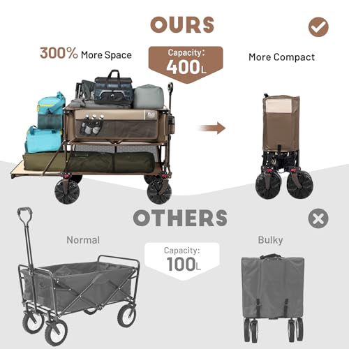 TIMBER RIDGE 400L Large Capacity Folding Double Decker Wagon, 54" Extra Long Extender Wagon Cart, 450lbs Heavy Duty Collapsible Wagon, All-Terrain Big Wheels for Camping, Sports, Shopping, Brown