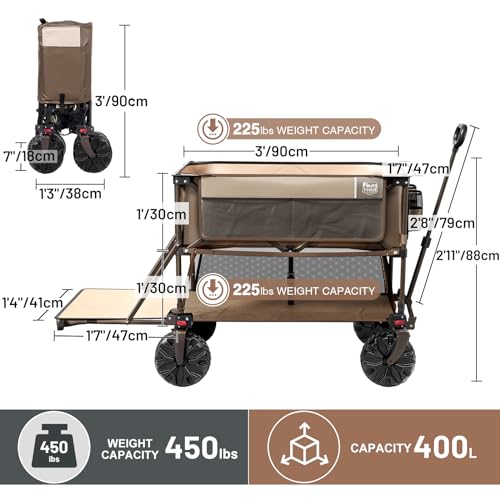TIMBER RIDGE 400L Large Capacity Folding Double Decker Wagon, 54" Extra Long Extender Wagon Cart, 450lbs Heavy Duty Collapsible Wagon, All-Terrain Big Wheels for Camping, Sports, Shopping, Brown