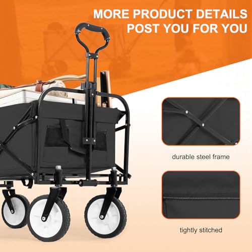 PayLessHere Collapsible Wagon Folding Foldable Garden Cart with Large Capacity, 220 LBS Capacity Portable Utility Wagon Cart Heavy Duty for Beach Camping Shopping Garden,Black