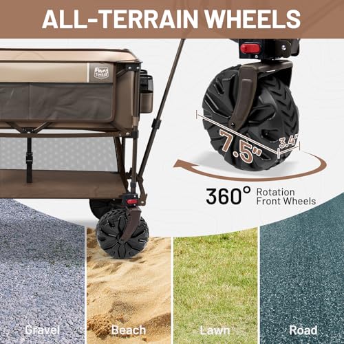 TIMBER RIDGE 400L Large Capacity Folding Double Decker Wagon, 54" Extra Long Extender Wagon Cart, 450lbs Heavy Duty Collapsible Wagon, All-Terrain Big Wheels for Camping, Sports, Shopping, Brown