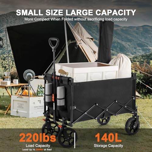 Navatiee Wagon Cart Heavy Duty Foldable, Collapsible Wagon with Smallest Folding Design, Utility Grocery Wagon for Camping Shopping Sports