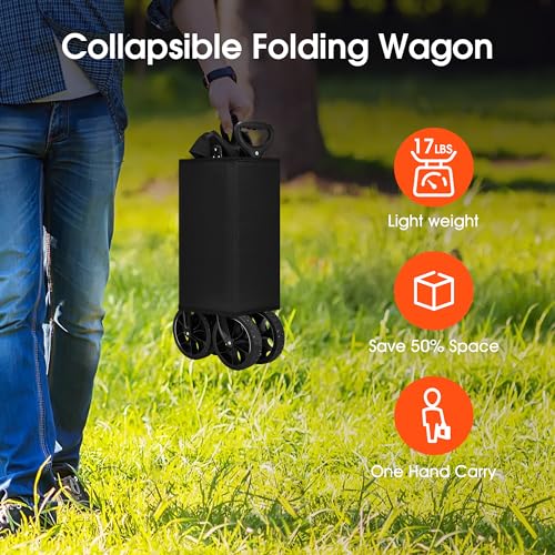 Homgava Collapsible Folding Wagon Cart, Large Capacity Camping Wagon, All Terrain Foldable Wagon, Heavy Duty Utility Wagon Cart for Grocery Outdoor Beach Gardening Shopping Fishing Black
