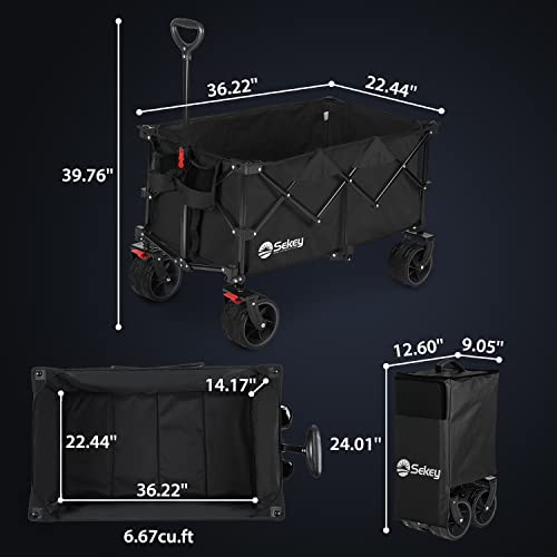Sekey 220L Collapsible Foldable Wagon with 330lbs Weight Capacity, Heavy Duty Folding Utility Garden Cart with Big All-Terrain Beach Wheels & Drink Holders. Black