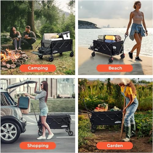 Overmont 200L Foldable Wagon Cart - 49.2" Extended Heavy Duty Collapsible Folding Utility Wagon with All-Terrain Big Wheels for Outdoor Camping Sports Garden Beach Grocery - 300lbs Support