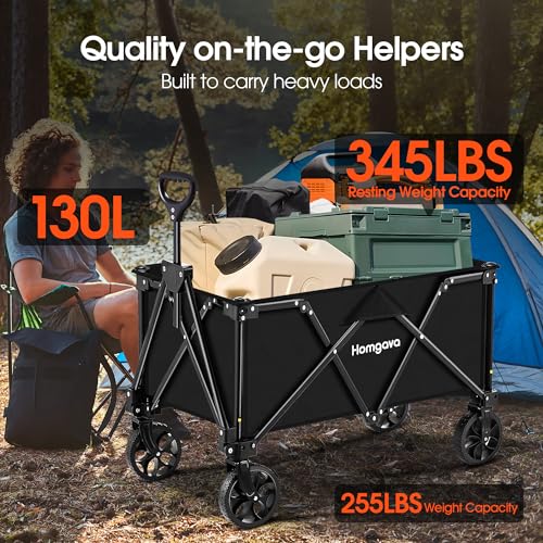 Homgava Collapsible Folding Wagon Cart, Large Capacity Camping Wagon, All Terrain Foldable Wagon, Heavy Duty Utility Wagon Cart for Grocery Outdoor Beach Gardening Shopping Fishing Black