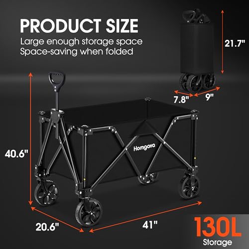 Homgava Collapsible Folding Wagon Cart, Large Capacity Camping Wagon, All Terrain Foldable Wagon, Heavy Duty Utility Wagon Cart for Grocery Outdoor Beach Gardening Shopping Fishing Black