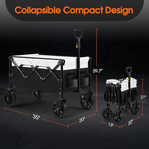 Collapsible Folding Wagon,Large Utility Wagon Cart Foldable,Folding Wagon Cart with All Terrain Wheels,Heavy Duty Garden Cart,Portable Wagon for Shopping Grocery Camping Sports Fishing (Black/White)