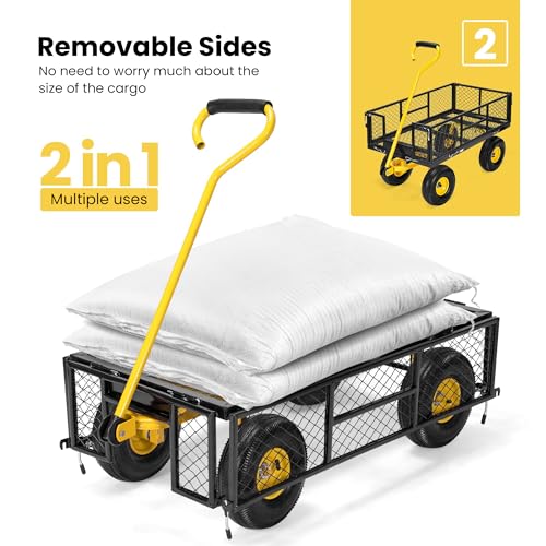 VIVOHOME Heavy Duty 880 Lbs Capacity Mesh Steel Garden Cart Folding Utility Wagon with Removable Sides and 4.10/3.50-4 inch Wheels (Black)