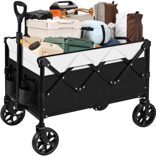 Collapsible Folding Wagon,Large Utility Wagon Cart Foldable,Folding Wagon Cart with All Terrain Wheels,Heavy Duty Garden Cart,Portable Wagon for Shopping Grocery Camping Sports Fishing (Black/White)