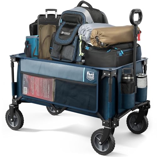 TIMBER RIDGE Collapsible Outdoor Folding Wagon Cart Heavy Duty Camping Patio Shopping Garden Cart with Side Bag Cup Holder Blue Large