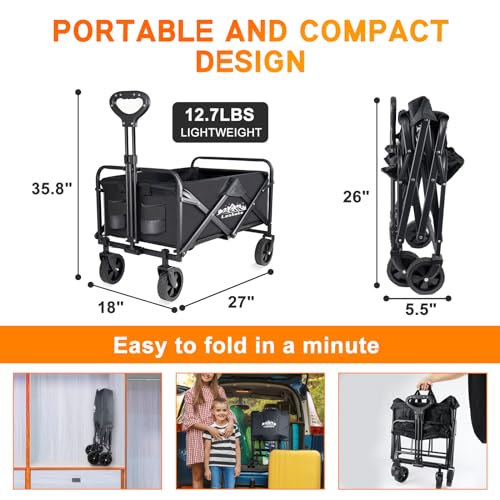 Collapsible Wagon Carts Foldable, Heavy Duty Beach Folding Wagon Cart with Wheels, Large Capacity Portable Utility Grocery Wagon for Shopping, Sports, Camping, Garden