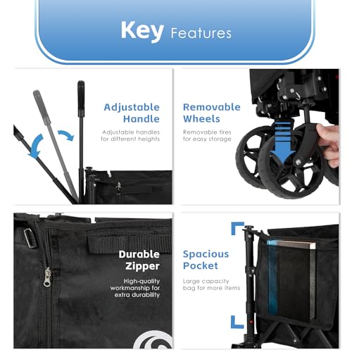 FUNHORUN Heavy Duty Collapsible Wagon Carts, Compact Foldable Utility Wagon with Versatile Canvas for Grocery, Camping, Shopping, Garden, Sports, Load up to 155LBS/120L, Black