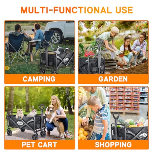Collapsible Wagon Carts Foldable, Heavy Duty Beach Folding Wagon Cart with Wheels, Large Capacity Portable Utility Grocery Wagon for Shopping, Sports, Camping, Garden