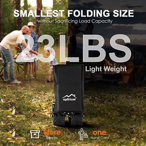 Uyittour Collapsible Folding Wagon Cart Heavy Duty Foldable, Beach Wagon with Big Wheels for Sand, Utility Grocery Wagon with Side Pocket and Brakes for Camping Sports Outdoor Activities, Black