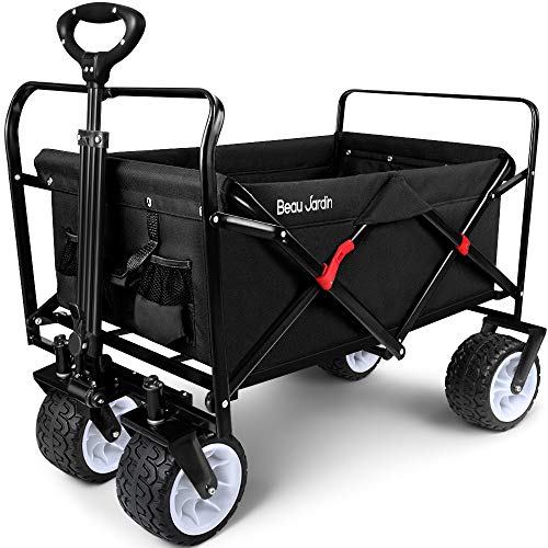 BEAU JARDIN Folding Beach Wagon Cart 330 Pound Capacity Collapsible Utility Camping Grocery Canvas Portable Rolling Outdoor Garden Sports Heavy Duty Shopping Wide All Terrain Wheel Black BG219