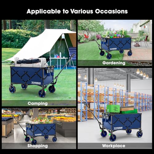 VIVOSUN Heavy Duty Folding Collapsible Wagon Utility Outdoor Camping Cart with Universal Wheels & Adjustable Handle, Blue