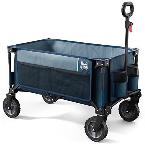 TIMBER RIDGE Collapsible Outdoor Folding Wagon Cart Heavy Duty Camping Patio Shopping Garden Cart with Side Bag Cup Holder Blue Large