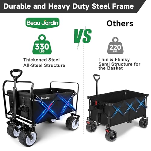 BEAU JARDIN Folding Beach Wagon Cart 330 Pound Capacity Collapsible Utility Camping Grocery Canvas Portable Rolling Outdoor Garden Sports Heavy Duty Shopping Wide All Terrain Wheel Black BG219