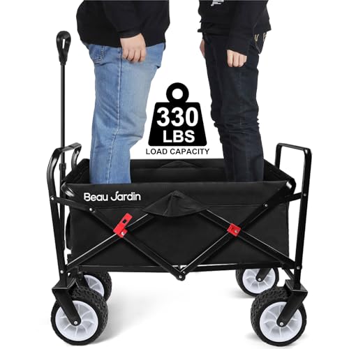 BEAU JARDIN Folding Beach Wagon Cart 330 Pound Capacity Collapsible Utility Camping Grocery Canvas Portable Rolling Outdoor Garden Sports Heavy Duty Shopping Wide All Terrain Wheel Black BG219