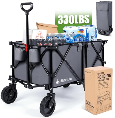 Hikenture Collapsible Wagon 330LBS Capacity, 200L Extra Large Wagons Carts Foldable, Heavy Duty Folding Wagon with All-Terrain Wheels, Utility Beach Wagon for Outdoor Garden