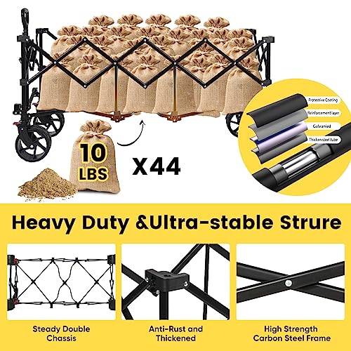 Sekey 48''L Collapsible Foldable Extended Wagon with 440lbs Weight Capacity, Heavy Duty 300L Folding Utility Garden Cart with Big All-Terrain Beach Wheels & Drink Holders. Black