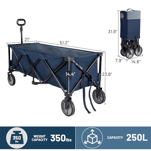TIMBER RIDGE 51.2'' Extended Collapsible Wagon Cart with Cargo Net, 350LBS Heavy Duty Foldable Utility Wagon with Adjustable Handle, 250L Capacity Portable Cart for Camping Sports Shopping, Blue