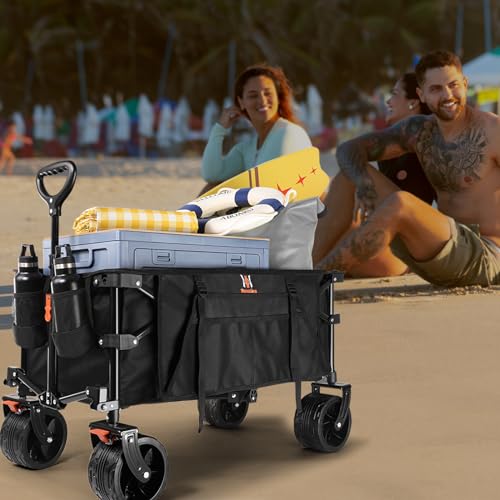 Navatiee Collapsible Folding Wagon, Beach Wagon Cart Heavy Duty Foldable with Big Wheels, Utility Grocery Wagon with Side Pocket and Brakes for Camping Garden Sports, T1