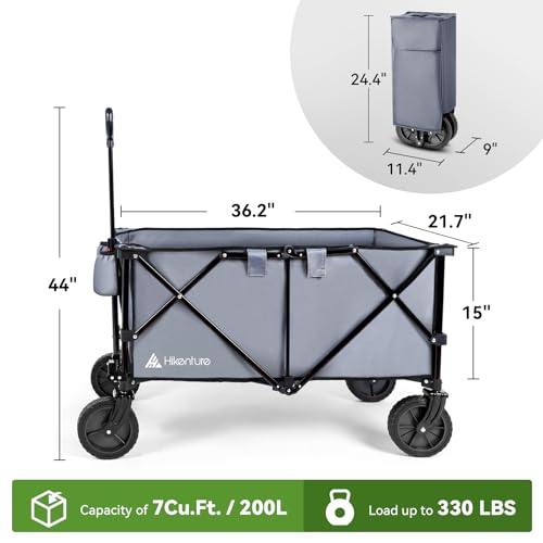 Hikenture Collapsible Wagon 330LBS Capacity, 200L Extra Large Wagons Carts Foldable, Heavy Duty Folding Wagon with All-Terrain Wheels, Utility Beach Wagon for Outdoor Garden