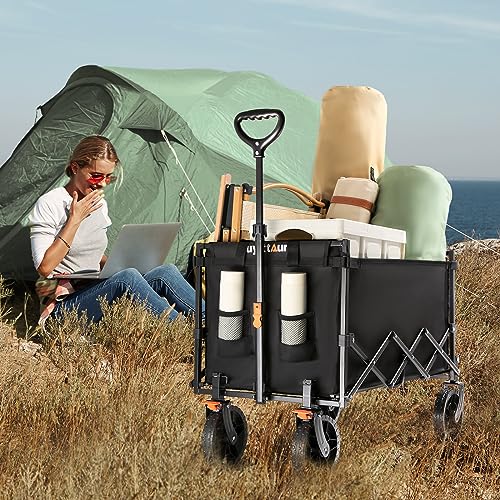 Uyittour Collapsible Wagon Cart Heavy Duty Foldable, Portable Folding Wagon with Ultra-Compact Design, Utility Grocery Wagon for Camping Sports Shopping, Black