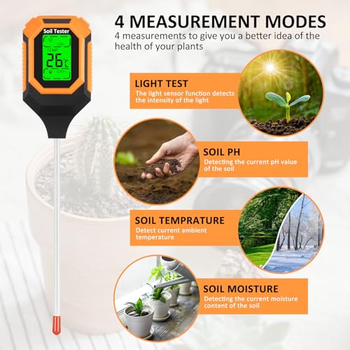 4-in-1 Soil Moisture Meter Digital PH Meter/Soil Moisture/Plant Temperature/Sunlight Intensity, Backlight LCD Display, Soil Test Meter for Garden, Lawn, Plant Care, Farm and Indoor Outdoor Plants