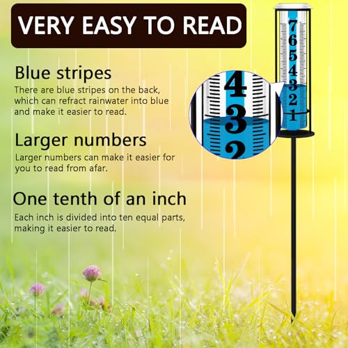 Rain Gauge Outdoor,Accurate Rain Gauges Outdoors Best Rated,Upgraded Freeze Proof Rain Measure Gauge for Yard Fence,Rain Meter with Stake,Large Font Water Gauge for Rain,Adjustable Height,Easy to Read