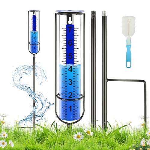 Uponer Rain Gauge Outdoor, 3rd Upgraded Freeze Proof Rain Gauge with Thicken Plastic, Large Numbers, 7" Rain Gauge Outdoor Best Rated, Adjustable Height with Stake, Measures Yard, Garden, Lawn, Patio