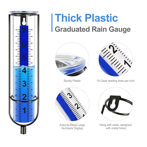Uponer Rain Gauge Outdoor, 3rd Upgraded Freeze Proof Rain Gauge with Thicken Plastic, Large Numbers, 7" Rain Gauge Outdoor Best Rated, Adjustable Height with Stake, Measures Yard, Garden, Lawn, Patio
