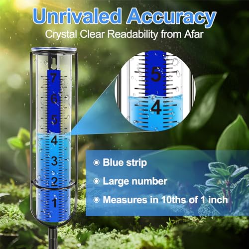 Uponer Rain Gauge Outdoor, 3rd Upgraded Freeze Proof Rain Gauge with Thicken Plastic, Large Numbers, 7" Rain Gauge Outdoor Best Rated, Adjustable Height with Stake, Measures Yard, Garden, Lawn, Patio