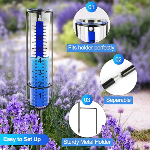 Uponer Rain Gauge Outdoor, 3rd Upgraded Freeze Proof Rain Gauge with Thicken Plastic, Large Numbers, 7" Rain Gauge Outdoor Best Rated, Adjustable Height with Stake, Measures Yard, Garden, Lawn, Patio
